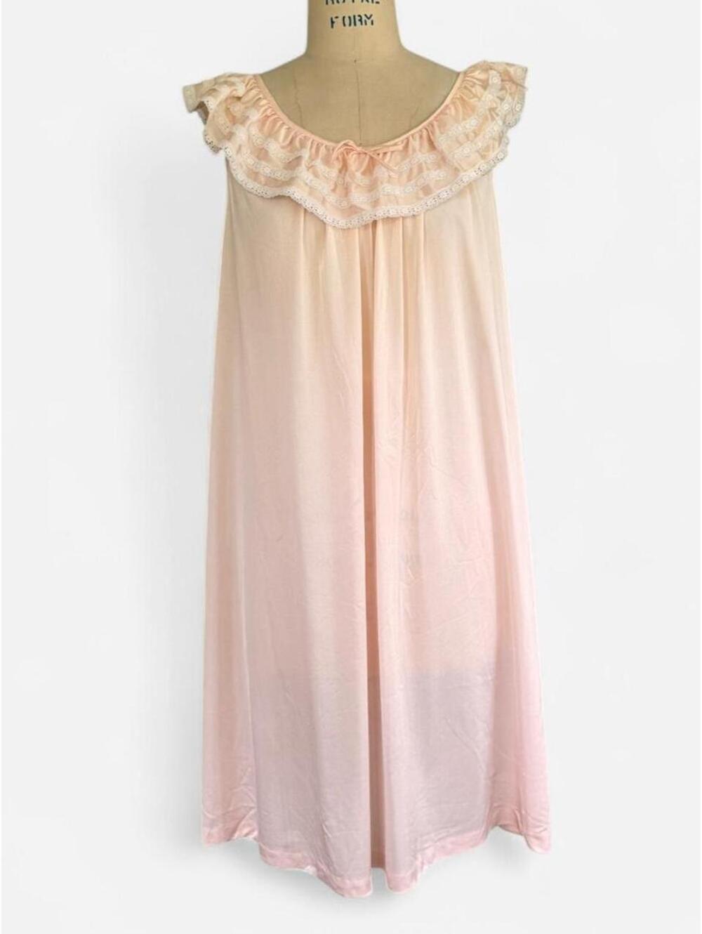 Vintage 70s Ruffle Collar Sheer Nightgown Dress in Pink
